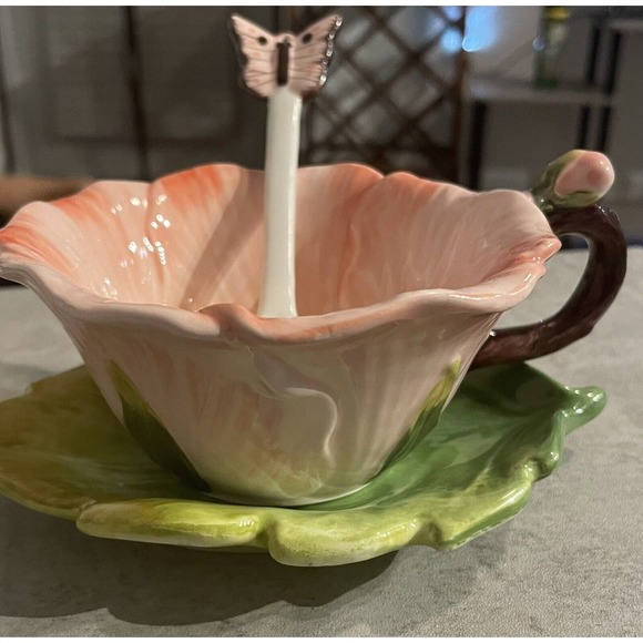 Flower Teacup, Leaf Saucer & Butterfly Spoon 3-Pc Set by Corner Ruby - Picture 1 of 16